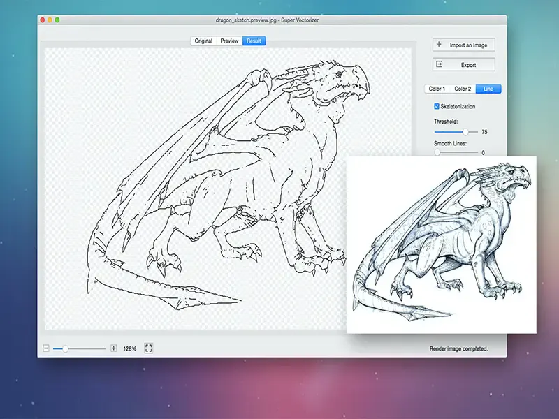 A preview of a Dragon's image vectorized using the Super Vectorizer.