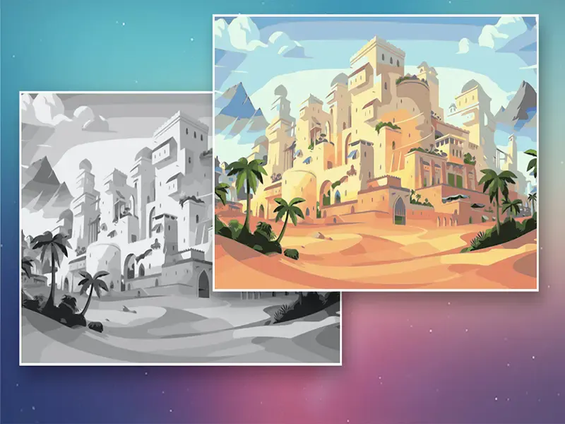 A preview of color effect applied to a castle's black and white image  using the Super Vectorizer.