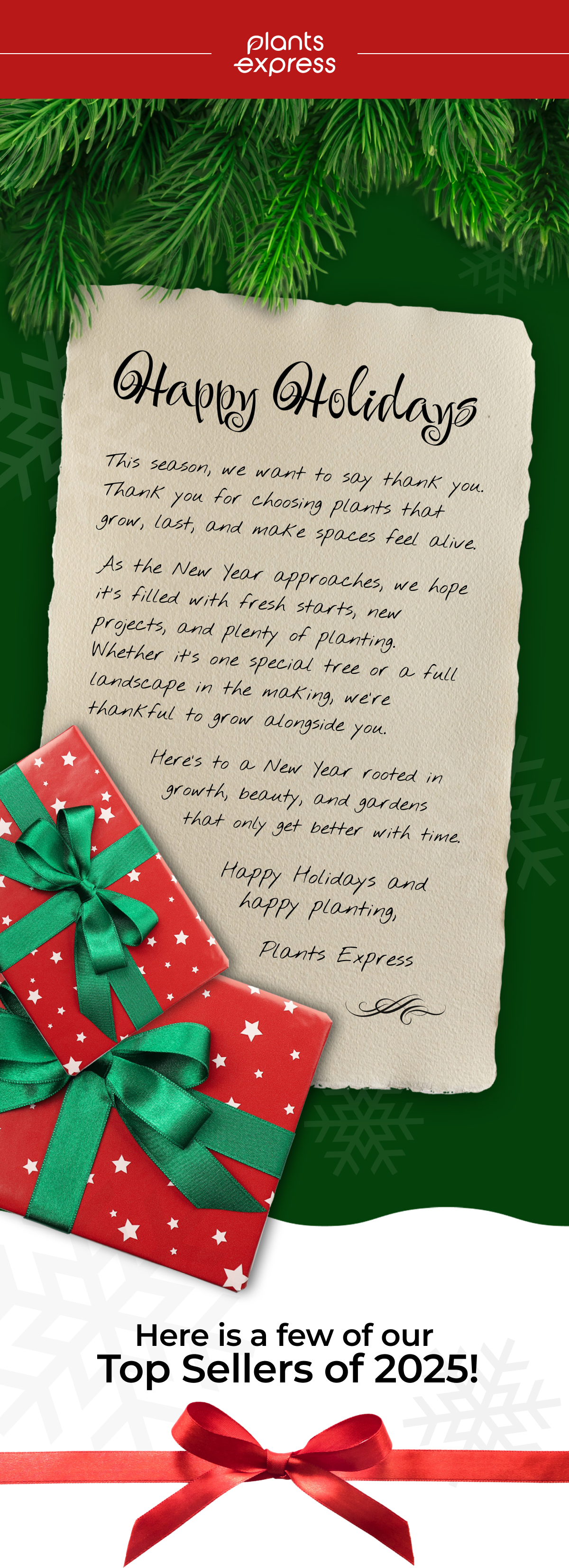 Happy Golidays This season, we want to say thank you. Thank you for choosing plants that grow, last, and make spaces feel alive.