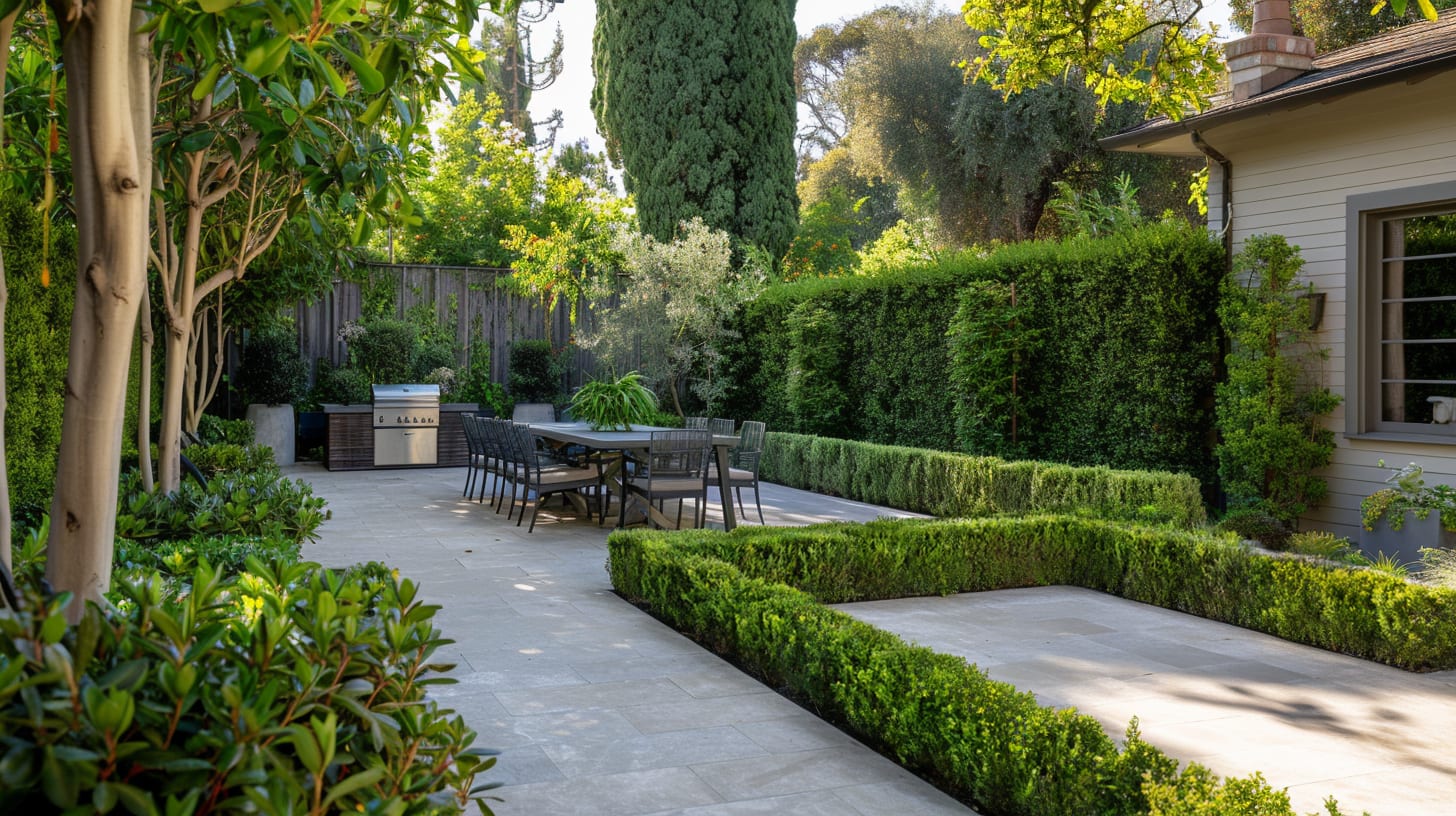 Backyard with hedge-defined spaces