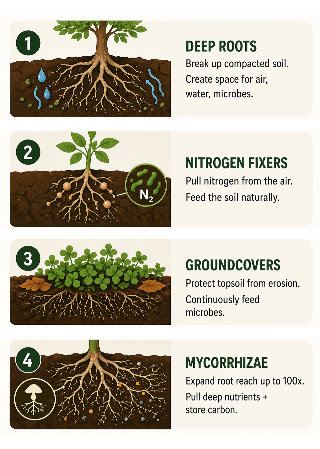 Cross-section illustration: deep-rooted tree, nitrogen-fixing legume, groundcover, and mycorrhizal network