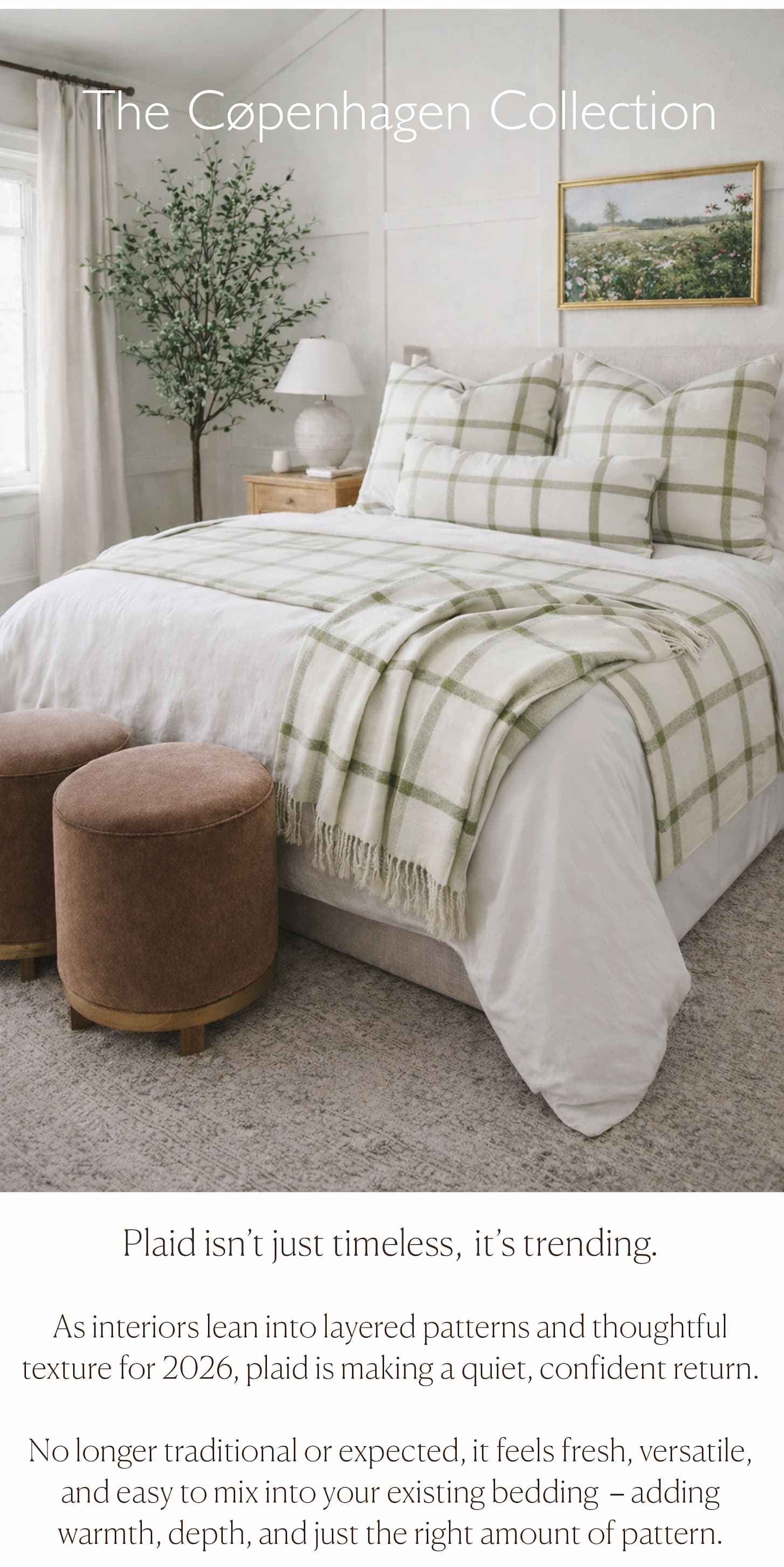 an image of a bed with a white comforter and a brown ottoman