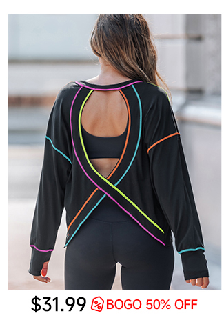 Popvil Cotton Batwing Sleeve Backless Thumbhole Work Out T-Shirt