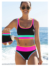 Popvil Color Contrast Patchwork Nylon Sporty 3 Piece Bikini Sets