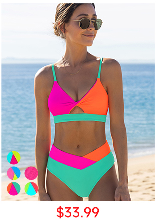 Color Block Front Cutout Back Lace-up Bikini Set