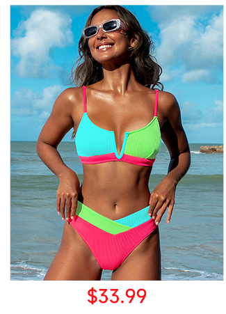 Color Block Patchwork Mid Waist Bikini Set