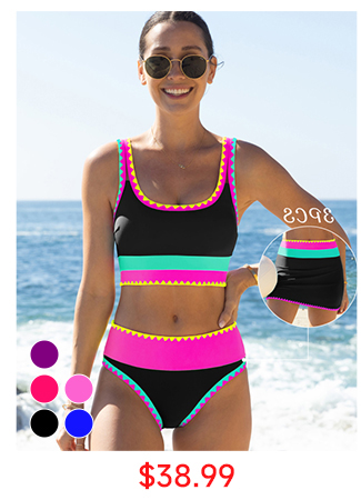 Color Contrast Patchwork Nylon Sporty 3 Piece Bikini Sets