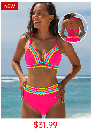 Neon Pink Strappy Back Colorblock Bikini Set