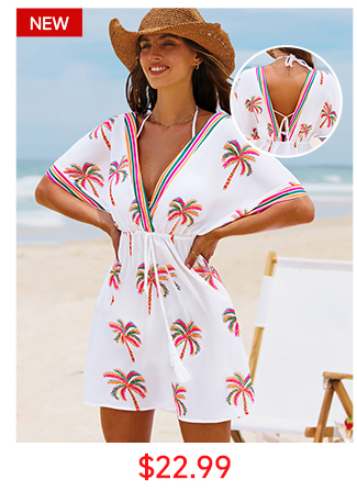 Tropical Palm Drawstring Cover-Up Dress