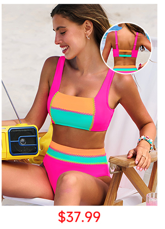 Sporty Color-Block Wide-Strap High-Waist Bikini Set