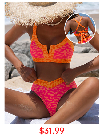 Neon Leopard Print V-Neck High Waist Bikini Set