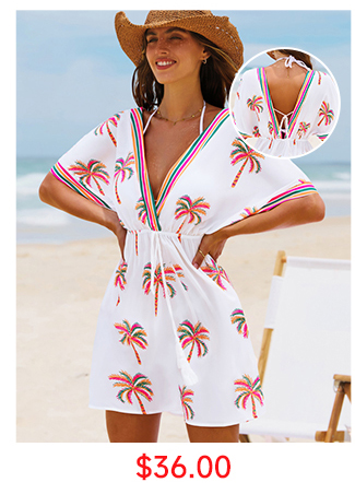 Tropical Palm Drawstring Cover-Up Dress