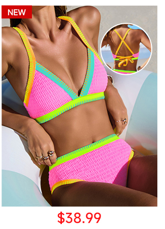 Neon Contrast Smocked with Crisscross Back Bikini Set