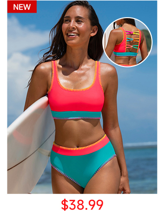 Sporty Neon Colorblock Cross-Back Bikini Set