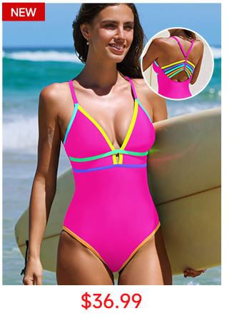 Neon Contrast Trim V-Neck Crossback One-Piece Swimsuit