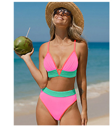Colorblock Deep V Cross-Back Bikini Set