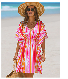 Stripes Mixed Flower Print Ruched Cable Cover-Ups