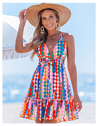 Colorful Geometric Print Halter Tiered Mini Dress
