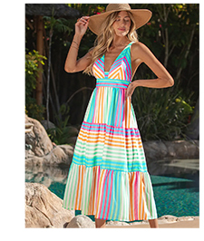 Striped Tiered Cross-Back Maxi Dress
