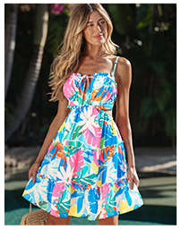 Tropical Print Tie-Front Tiered Mini Dress