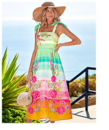 Floral Ombre Stripe Tie-Shoulder Maxi Dress
