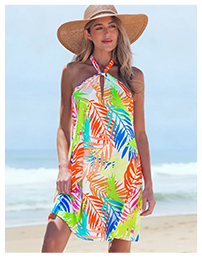 Tropical Leaf Print Halter Neck Swim Cover-Up Dress