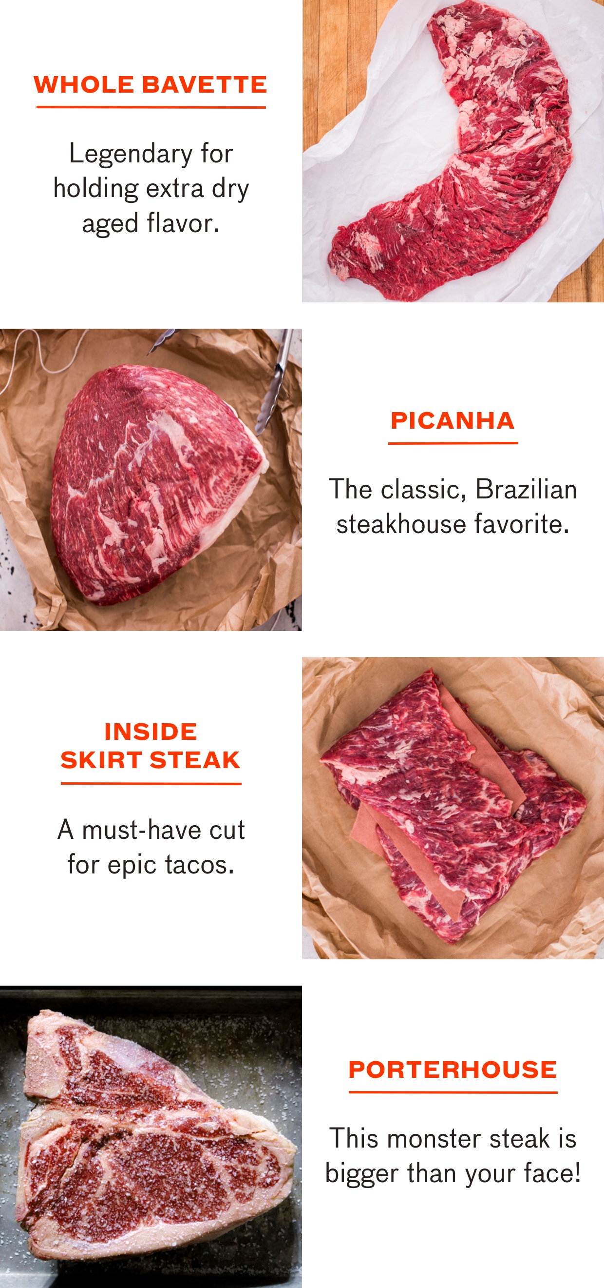 Shop whole bavette, picanha, inside skirt steak, and Porterhouse