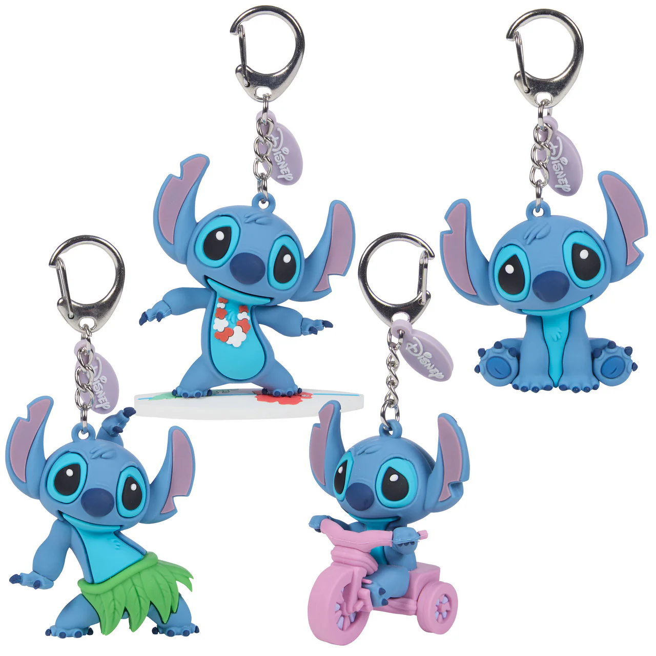 Image of Disney Stitch 4-Piece Backpack Clip Set – Surfing Stitch, Sitting Stitch, Hula Stitch & Trike Stitch