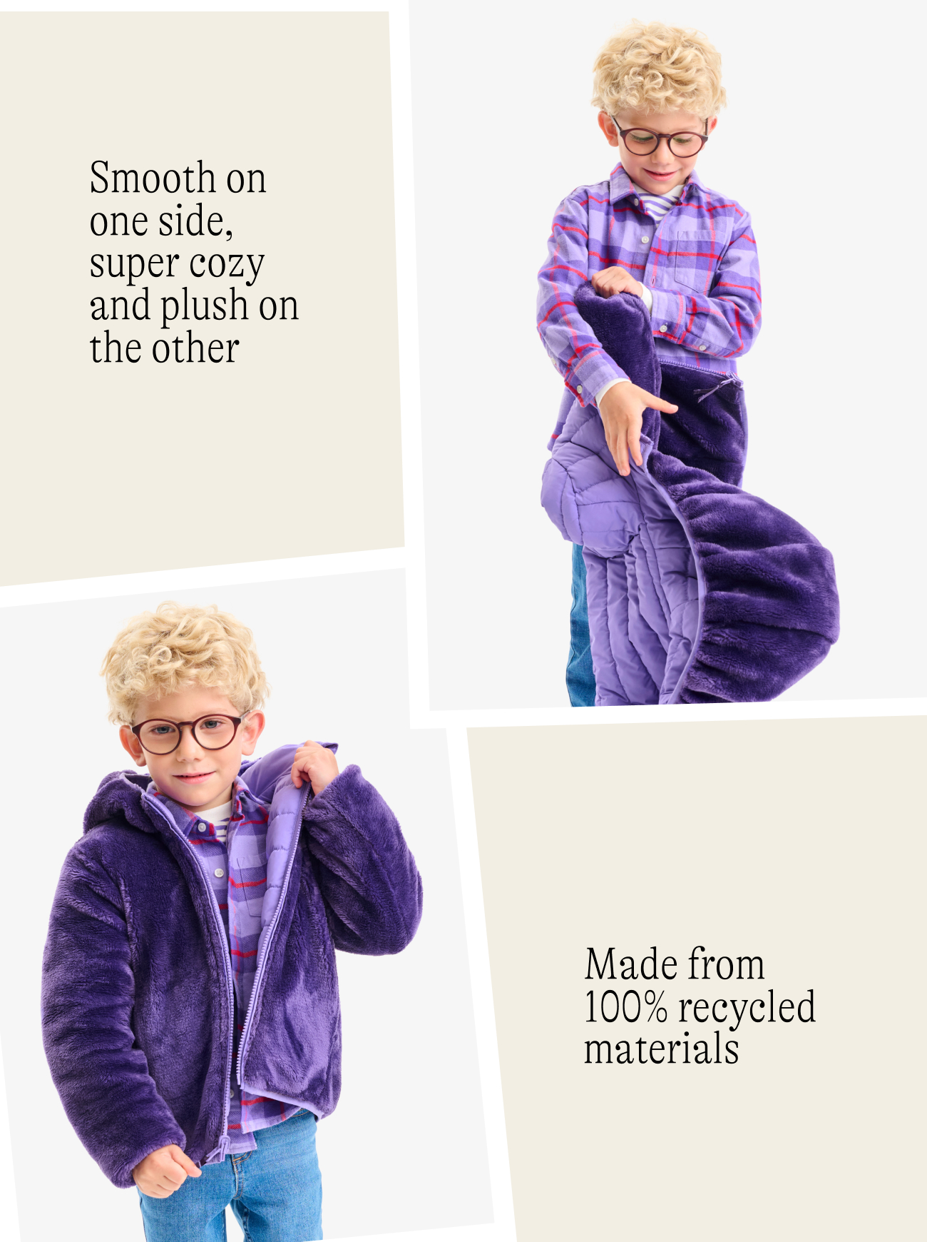 Smooth on one side super cozy and plush on the other Made from 100% recycled materials
