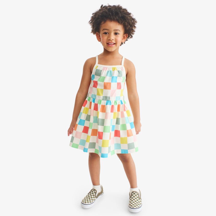 picnic dress in rainbow checkerboard