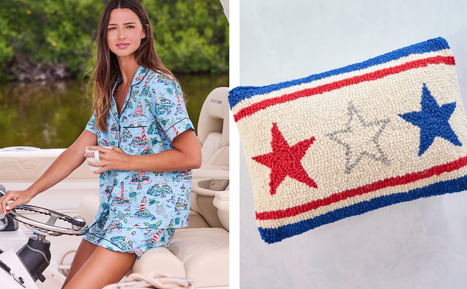 Red, white and blue PJs and pillow for 4th of July