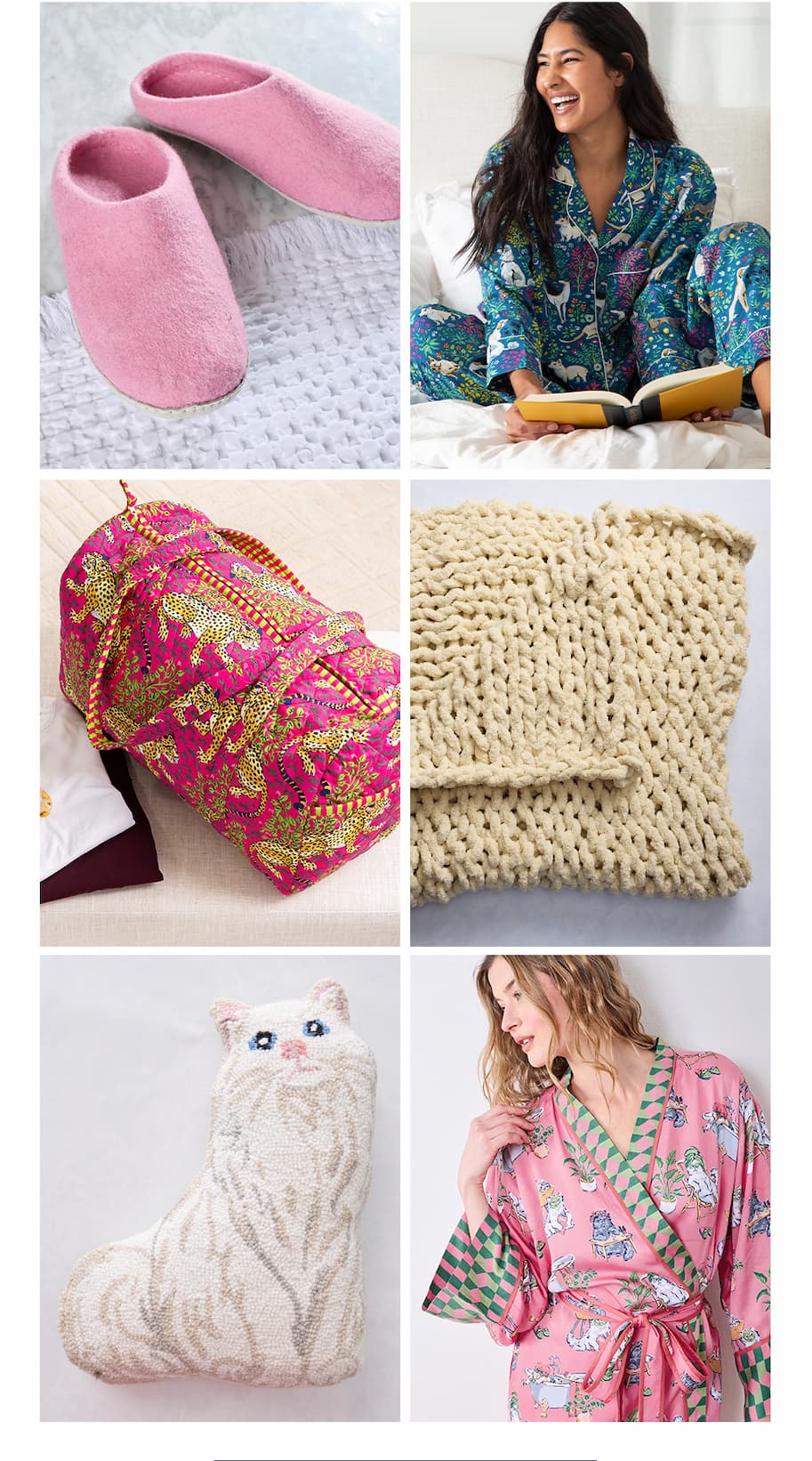Organic Merino Wool Slippers in Light Pink, Long PJ Set in Must Love Dogs, Quilted Duffle Bag in Bagheera, Chunky Knit Throw in Vanilla, White Cat Hook Pillow in White Combo, Eco Satin Robe in Spa Day