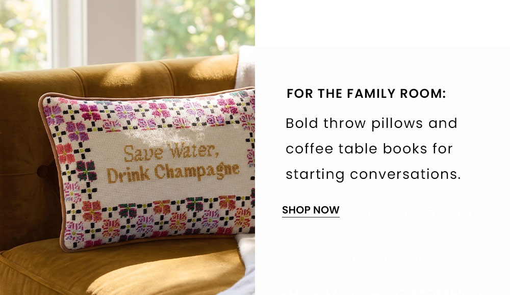 For the Family Room: Bold throw pillows and coffee table books for starting conversations