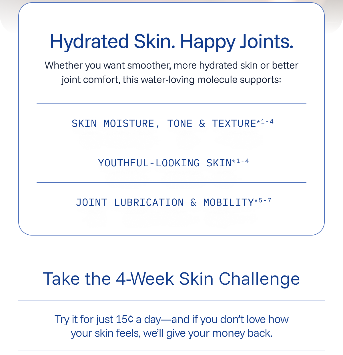 Whether you want smoother, more hydrated skin or better joint comfort, this water-loving molecule supports skin.