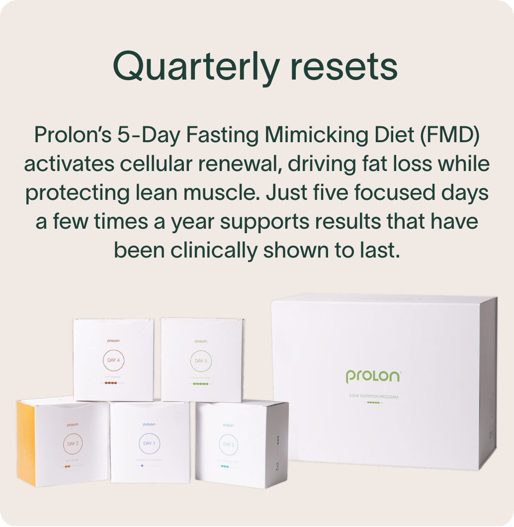 Quarterly resets: Prolon’s 5-Day Fasting Mimicking Diet (FMD) activates cellular renewal, driving fat loss while protecting lean muscle. Just five focused days a few times a year supports results that have been clinically shown to last.