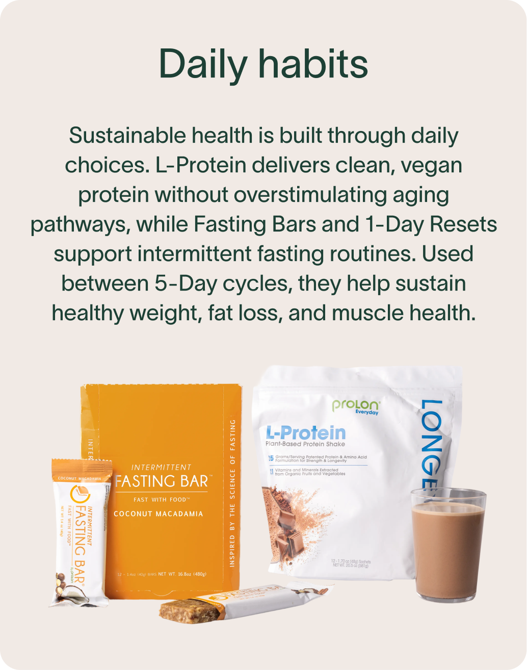 Daily habits: Sustainable health is built through daily choices. L-Protein delivers clean, vegan protein without overstimulating aging pathways, while Fasting Bars and 1-Day Resets support intermittent fasting routines. Used between 5-Day cycles, they help sustain healthy weight, fat loss, and muscle health.