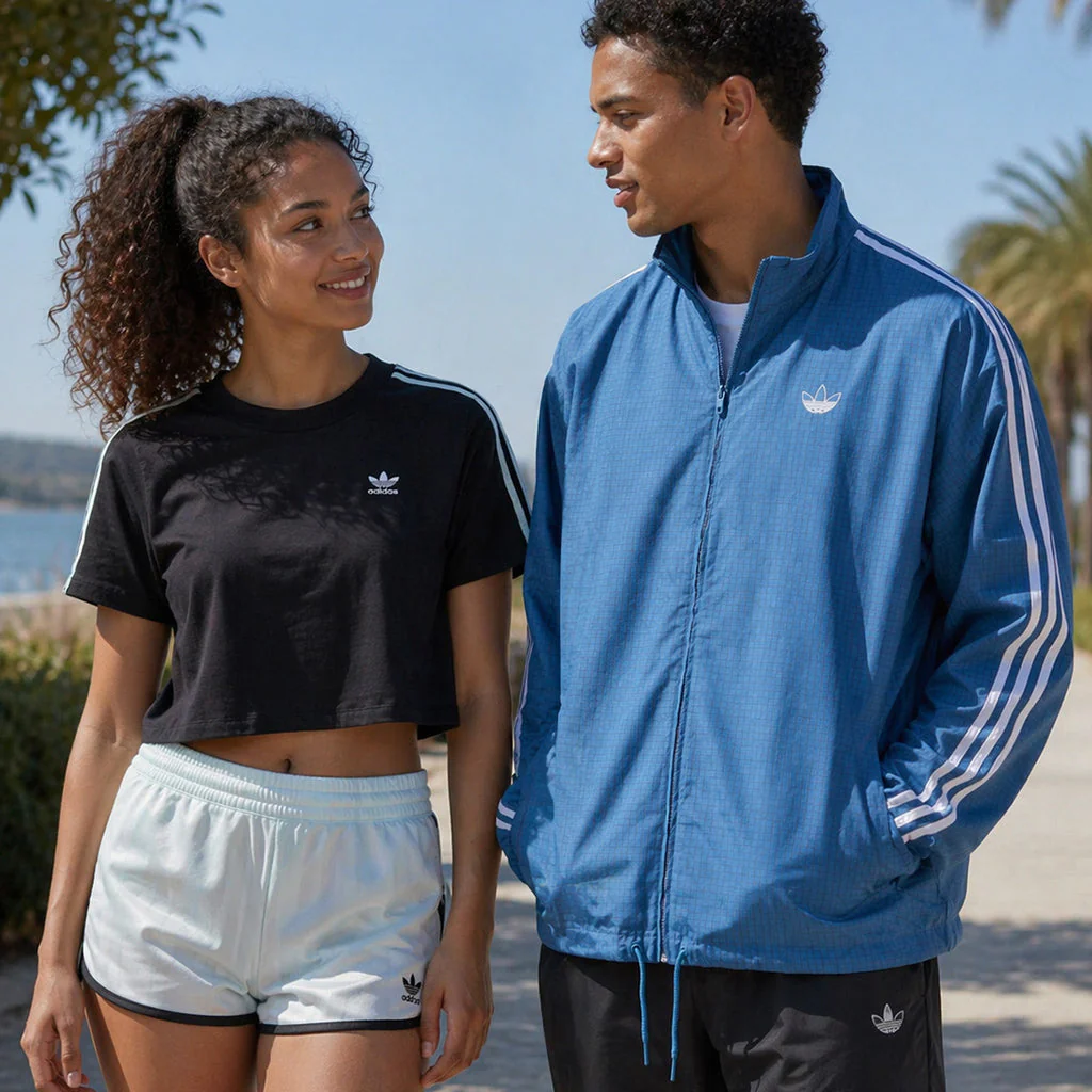 Two people wearing adidas sportswear by the beach on a sunny day, smiling at each other.