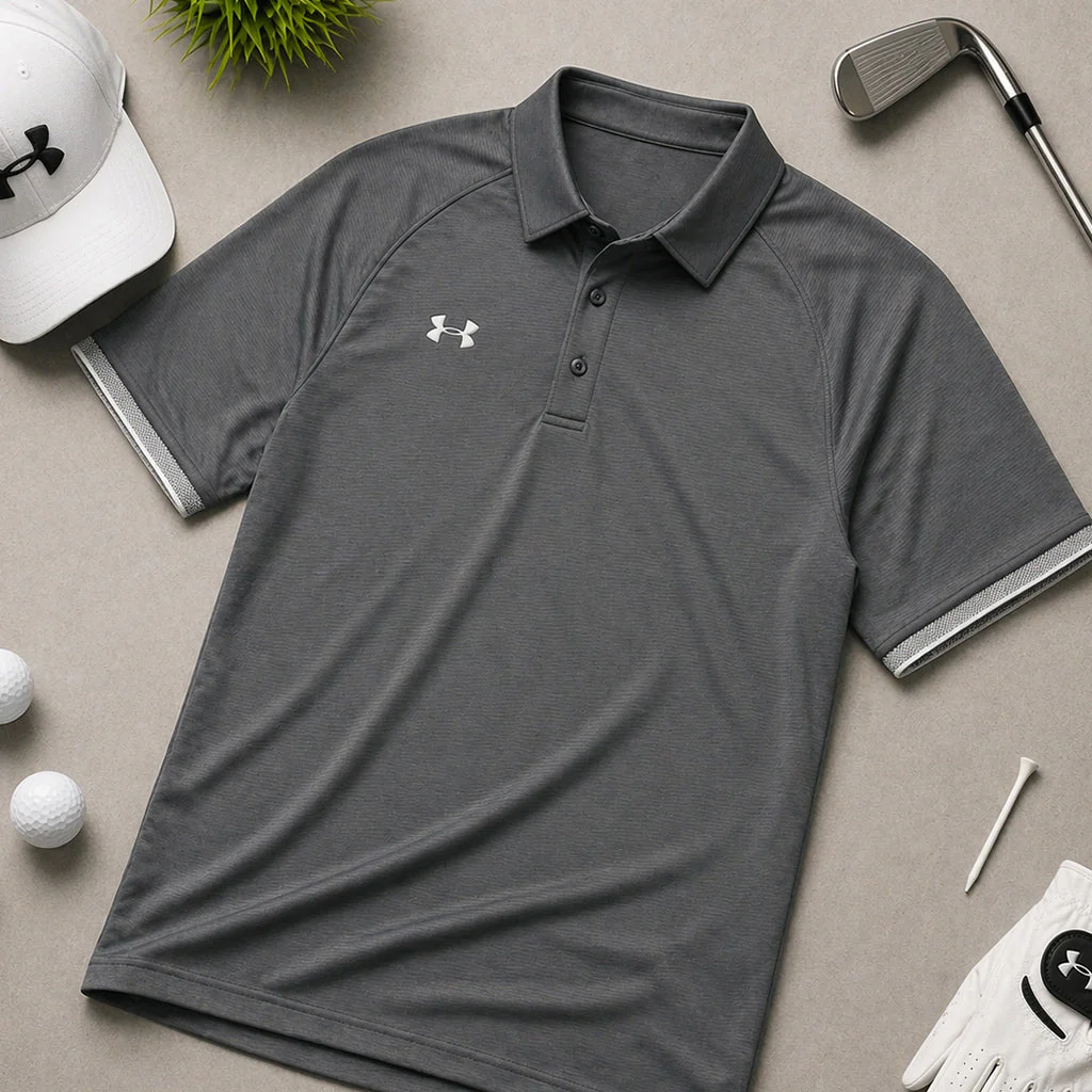 Gray Under Armour polo shirt laid flat with golf accessories including cap, clubs, balls, and glove on beige background.