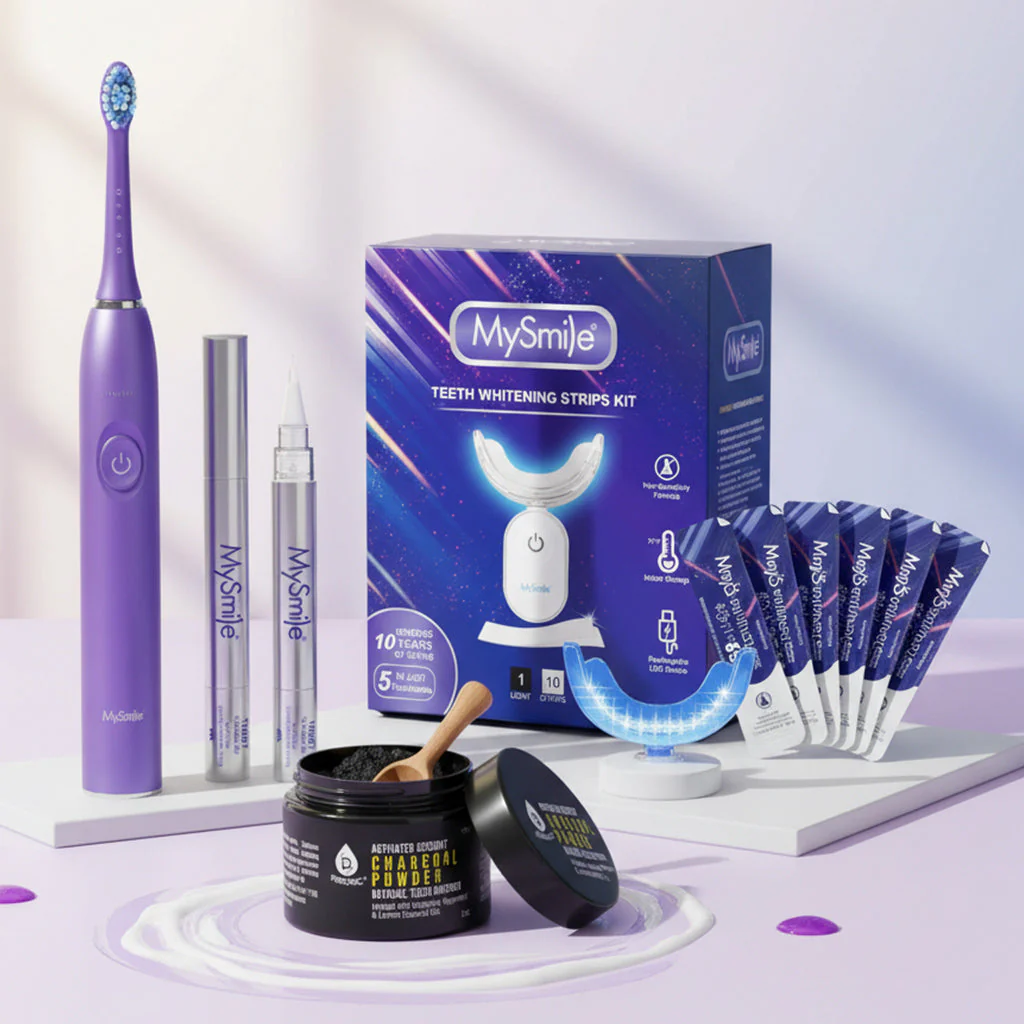 MySmile teeth care collection featuring purple electric toothbrush, whitening strips kit, gel pens, and charcoal powder on purple background.