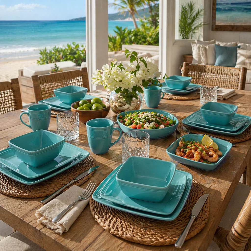 Turquoise dinnerware and bowl set arranged on a wooden table with ocean view, featuring plates, bowls, cups, and fresh food.