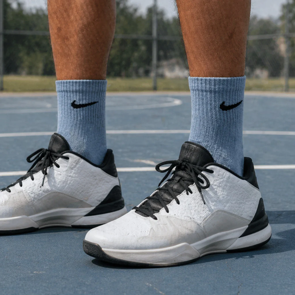 Person wearing light blue Nike socks and white black basketball shoes on an outdoor court.