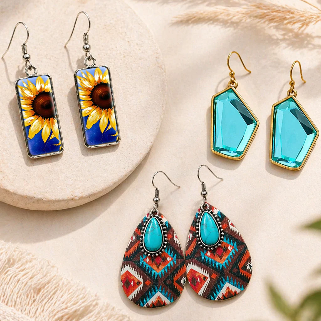 Three pairs of Don't Ask Earrings displayed on a beige surface: sunflower design with silver hooks, turquoise geometric stones with gold hooks, and patterned teardrop shapes with turquoise centers.