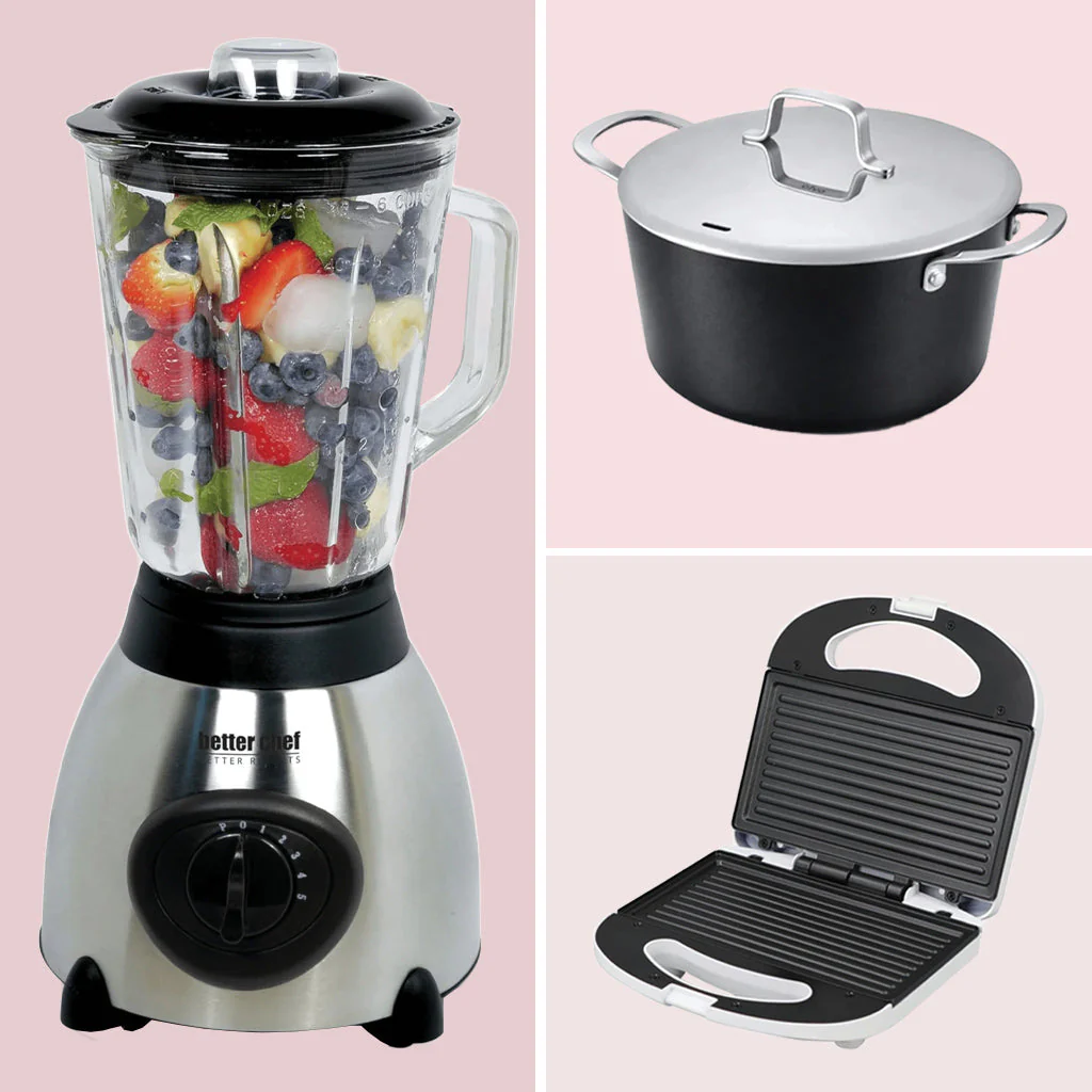 Kitchen Finds collection featuring a blender with fruit, cooking pot with lid, and panini grill on pink background.