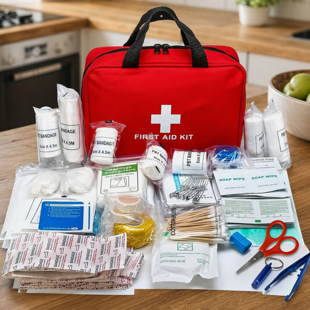 Organized first aid kit contents displayed with red bag, bandages, scissors, and medical supplies on wooden counter.