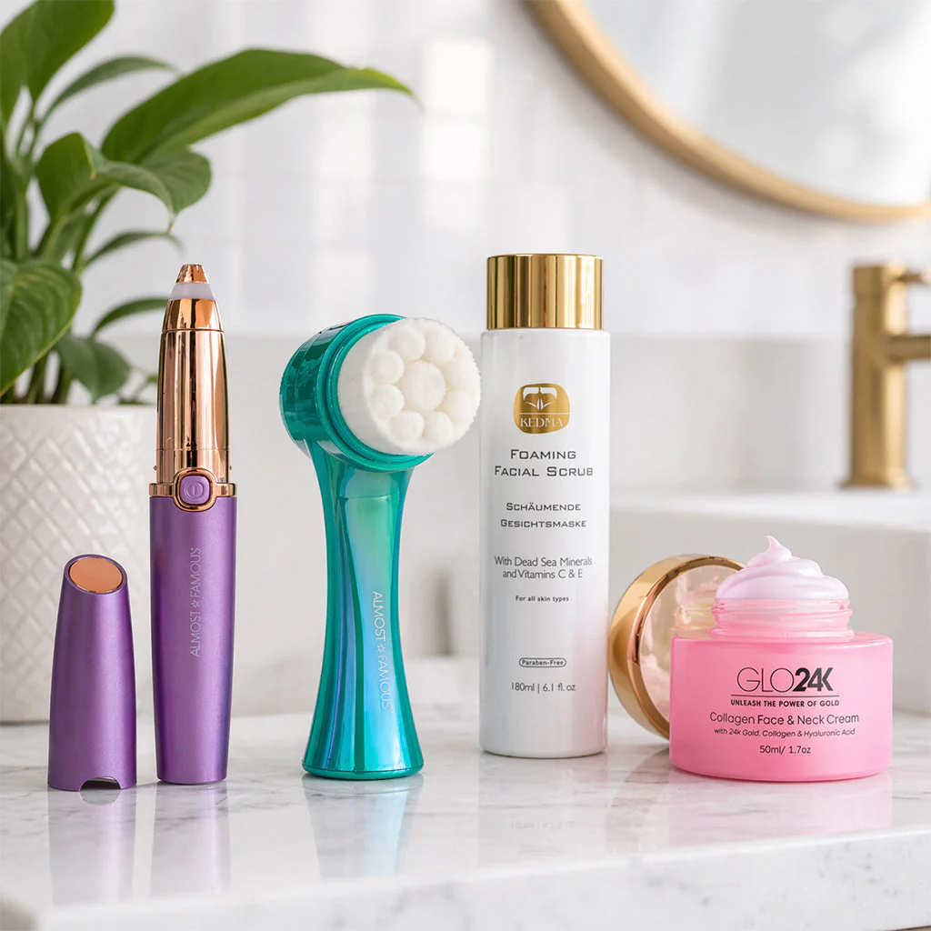 Skincare Mania collection: purple lipstick, turquoise facial brush, foaming scrub, and pink collagen cream on marble surface.