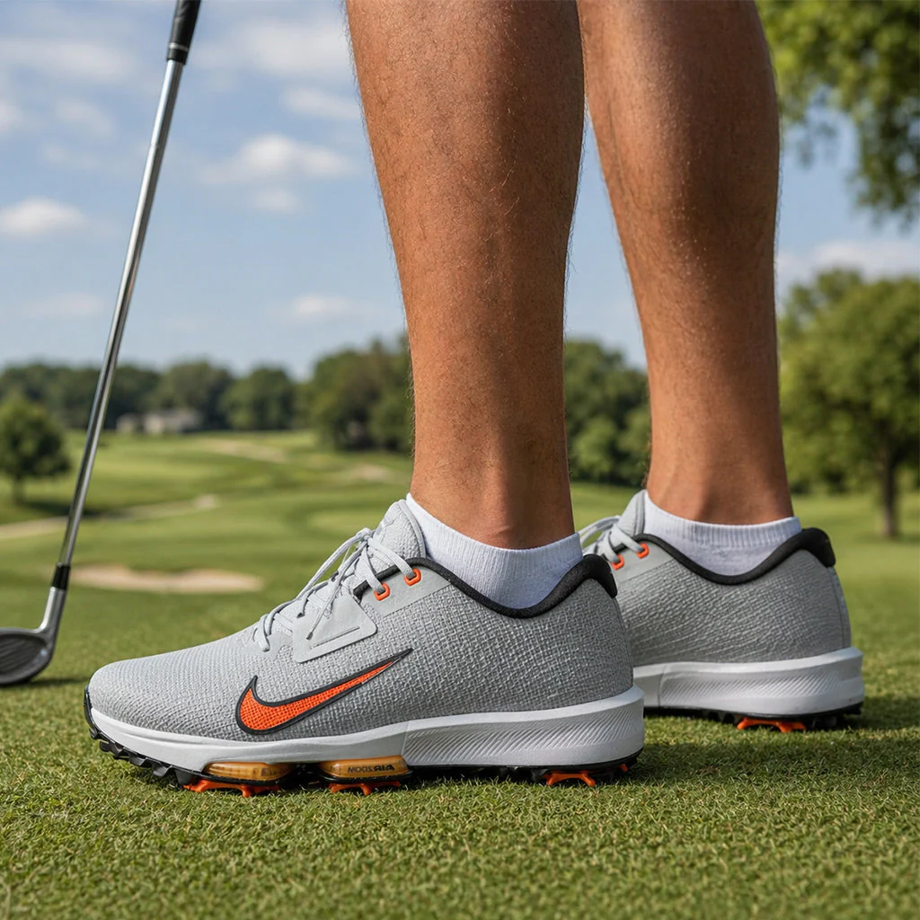 Nike golf shoes with orange swoosh on green fairway, golfer holding club in background