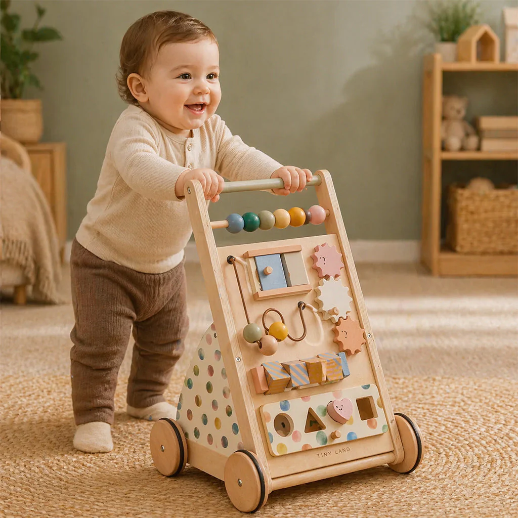 A smiling toddler playing with a wooden activity walker toy featuring beads, shapes, and interactive elements.