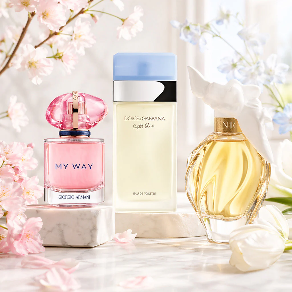 Three elegant fragrance bottles displayed with pink and white flowers on marble surface in bright, airy setting.
