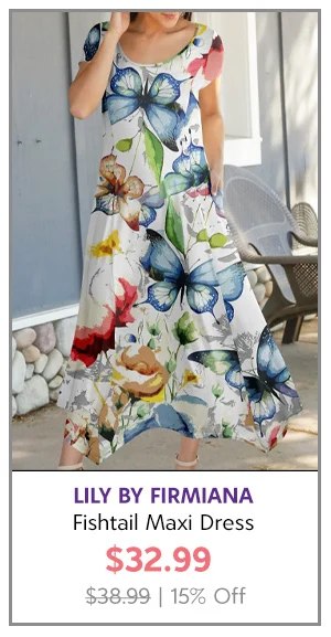 Lily by Firmiana Women's Cap Sleeve Fishtail Maxi Dress Blue & White Floral Abstract