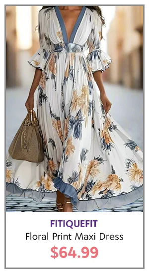 Women's Floral Print Maxi Dress With Deep V-Neck & Flare Sleeves